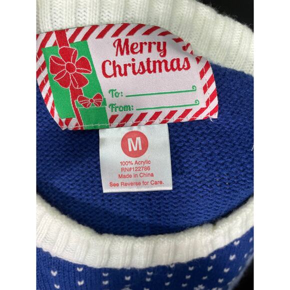 Happy Holidays Sweater Electric Blue with Sequence Reindeer and White Snowflakes - Picture 7 of 7